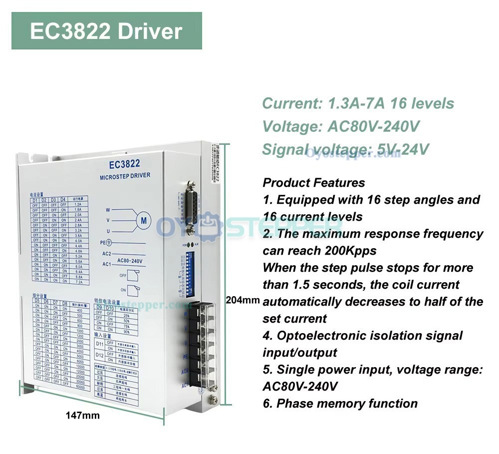 EC3822 3-Phase Stepper Motor Driver 80–240 VAC Fit Nema 34/42 Stepper Motor EC3822 3-Phase Stepper Motor Driver 80–240 VAC Fit Nema 34/42 Stepper Motor